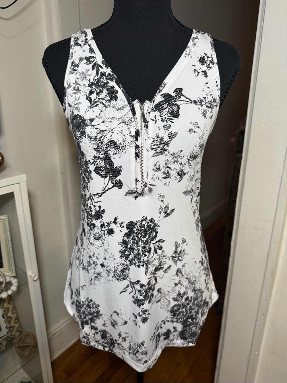 Black & White Floral Zip-Front Tank Top